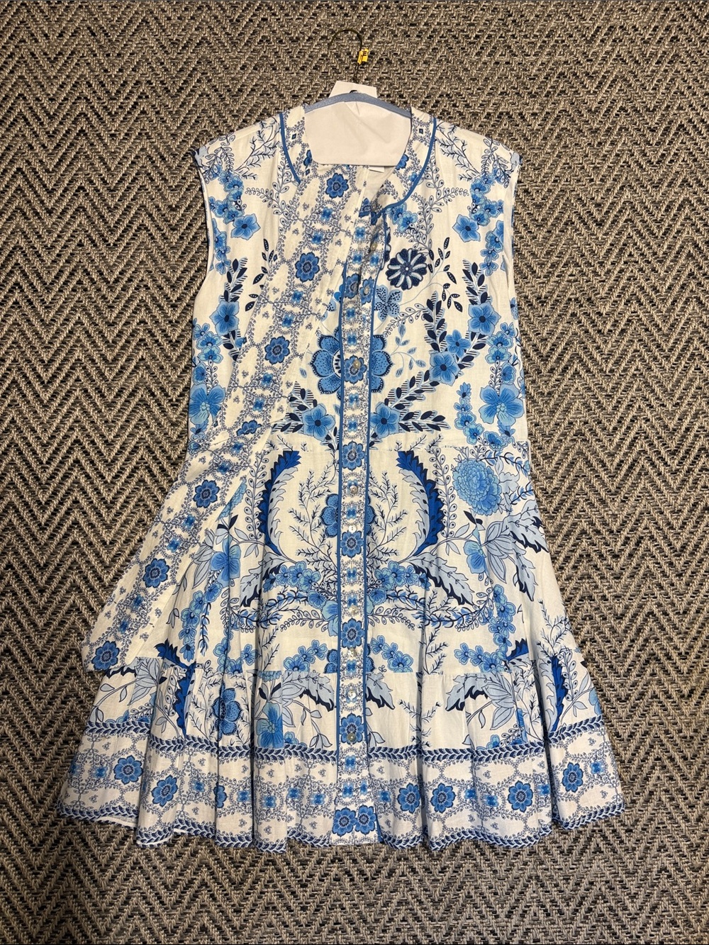 Blue Floral Sleeveless Woman's Dress with belt & shell buttons
